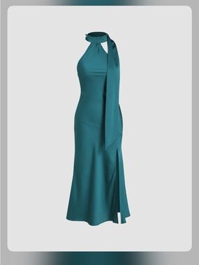 (New) Cider Teal One-Shoulder Satin Maxi Dress with Neck Tie - midi dress